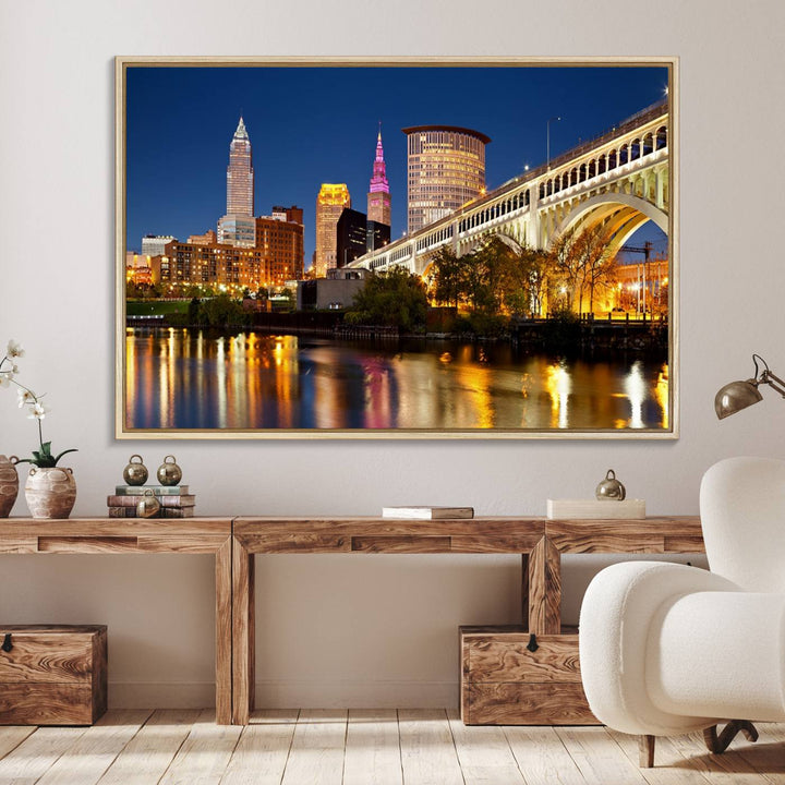 The Cleveland City Lights Canvas showcases a lit-up bridge and cityscape at night.