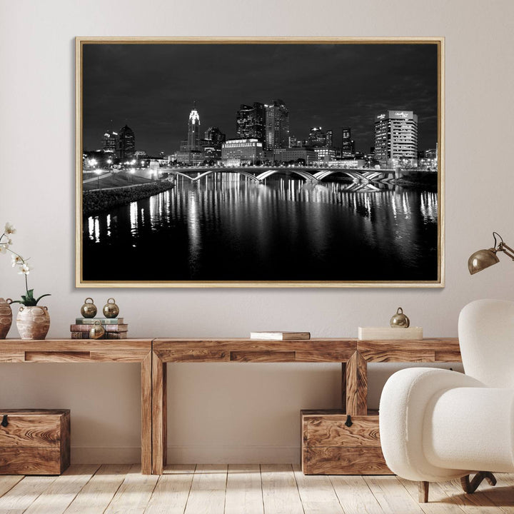 Columbus City Lights Skyline canvas print in black and white, featuring museum-quality craftsmanship and free shipping.