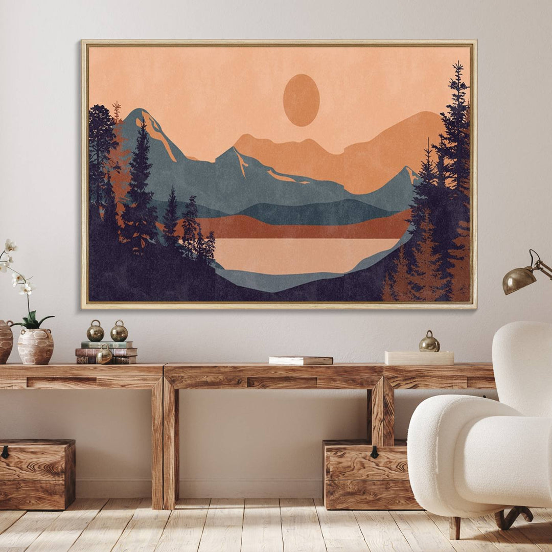 The Modern Boho Sunset Triptych displays a mountain sunset.