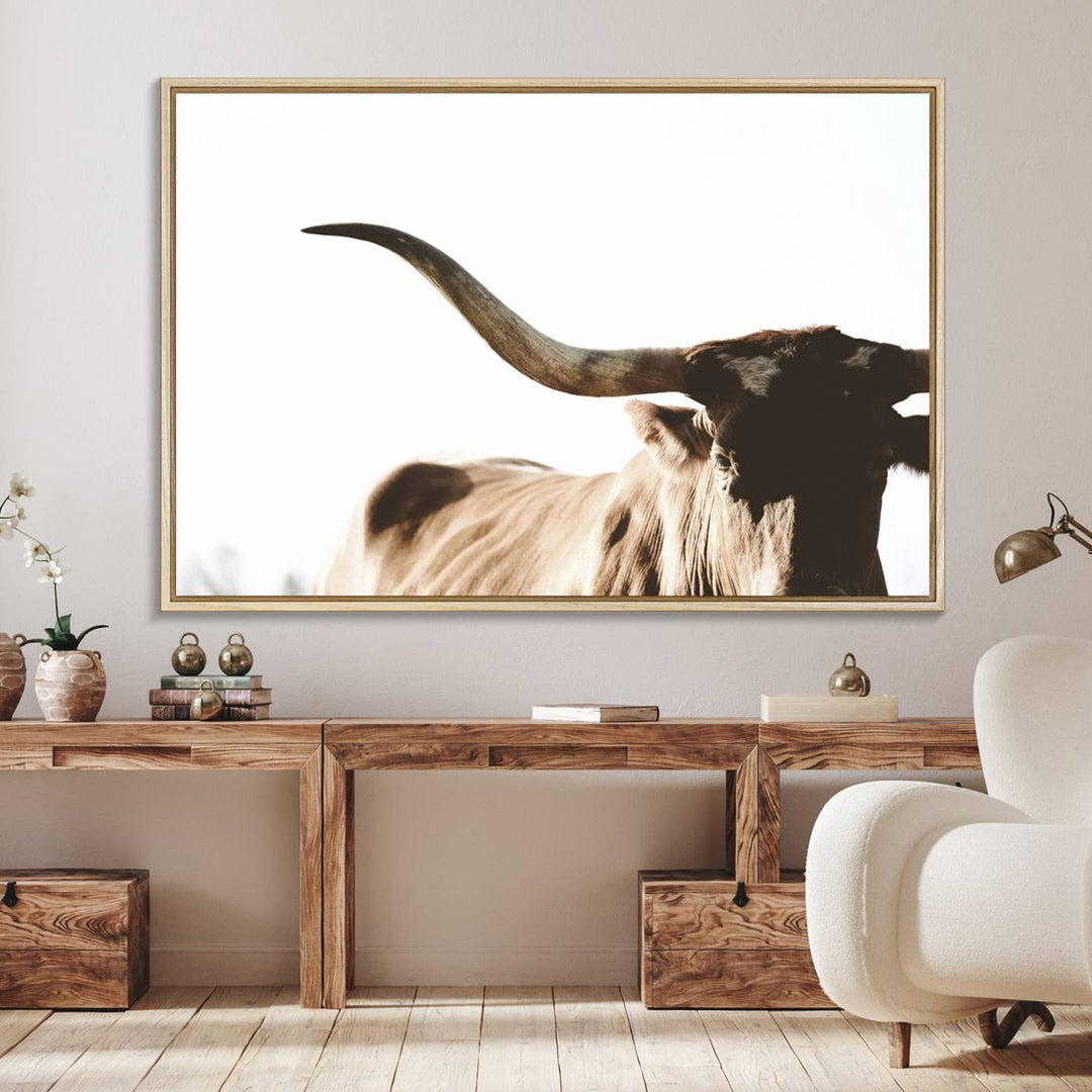 A 3-panel Texas Longhorn canvas adds a touch of rustic Western decor.