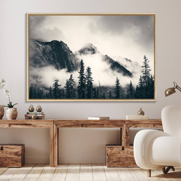 A large foggy mountain forest canvas print hangs prominently in the room.