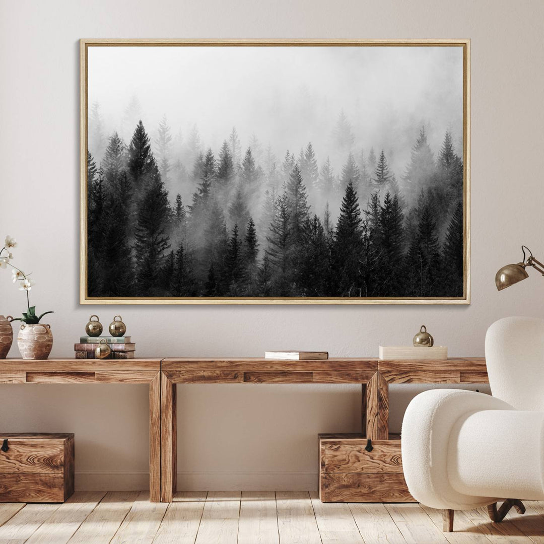 The Foggy B&W Forest Wall Art, featuring pine trees, enhances the minimalist kitchen ambiance.