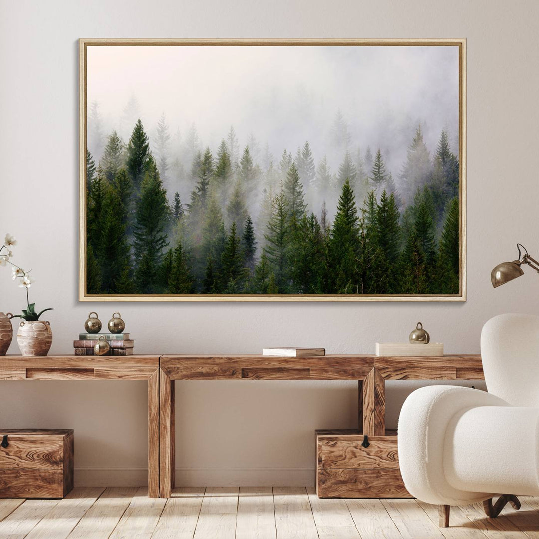 Misty Pine Forest Canvas Print serves as a foggy forest decor piece in the kitchen.