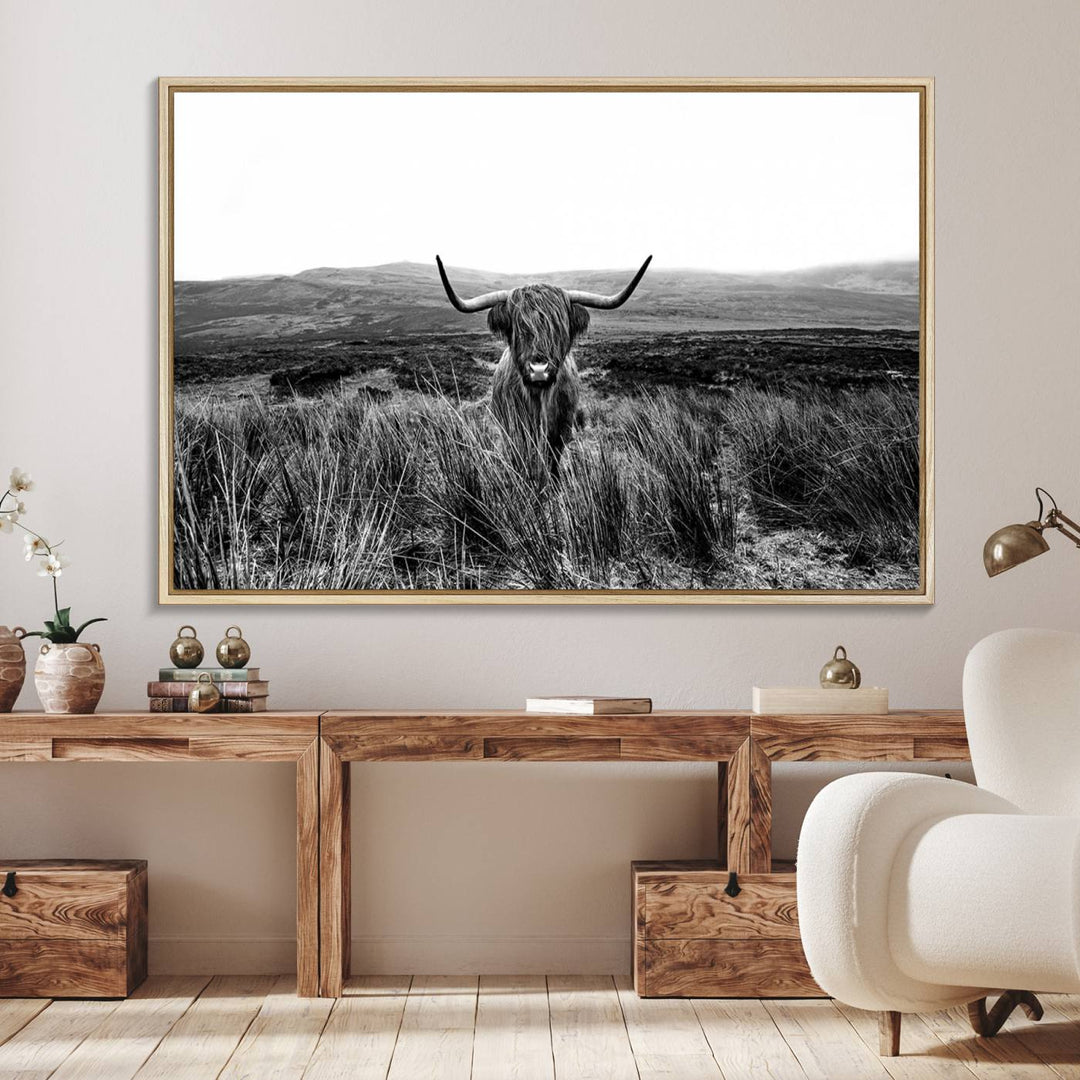 Dining room featuring a Black and White Highland Cow Canvas for a Western-themed decor.