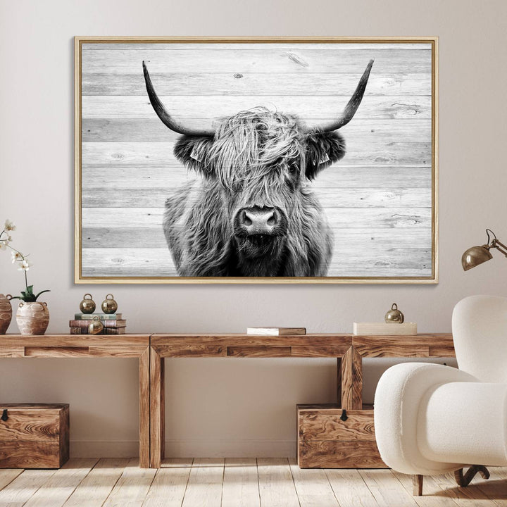 Scottish Highland Cow Cattle Art adds rustic farmhouse charm to the space.