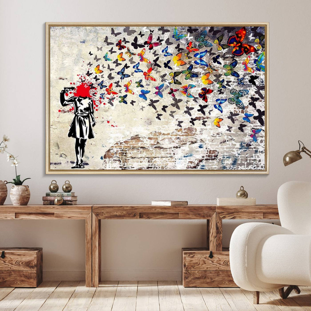 Banksy Art Butterfly Girl Explosion: Vibrant urban graffiti canvas for modern interiors, ready to hang.