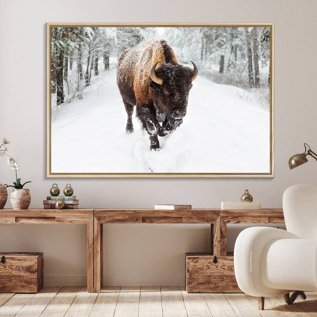 The dining area showcases the Bison Wall Art Canvas Print for Farmhouse.