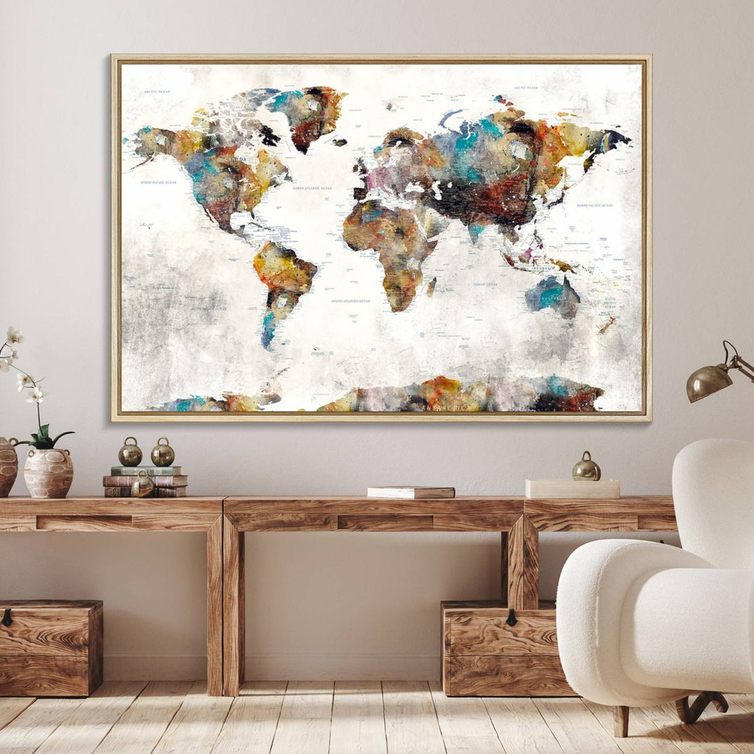 The Colorful World Map Wall Art Canvas Print adds vibrance to the space, ideal for geography lovers.