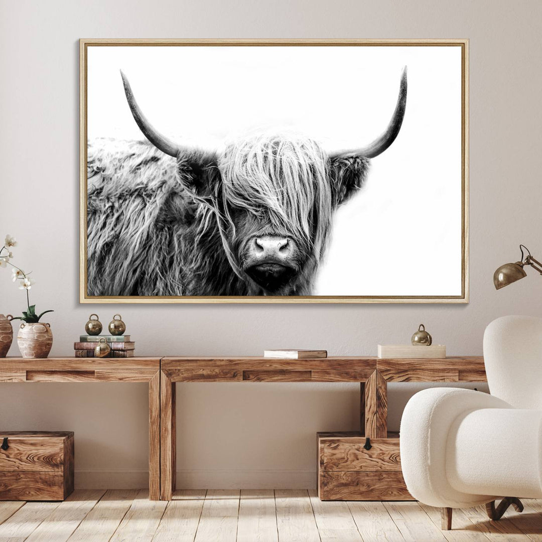 Framed Black and White Scottish Highland Cow Art Print.