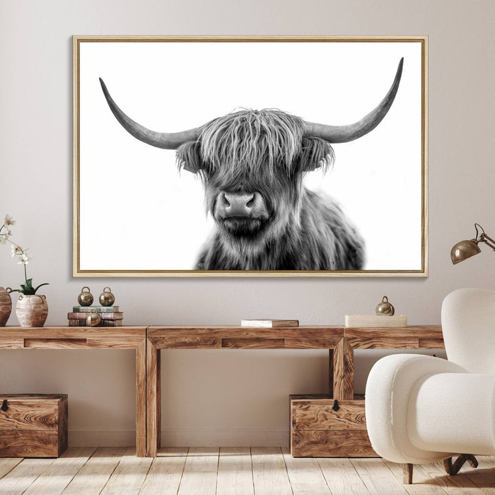 The Grayscale Scottish Highland Cow canvas is a museum-quality piece perfect for your dining room. Enjoy free shipping on this stunning artwork!.