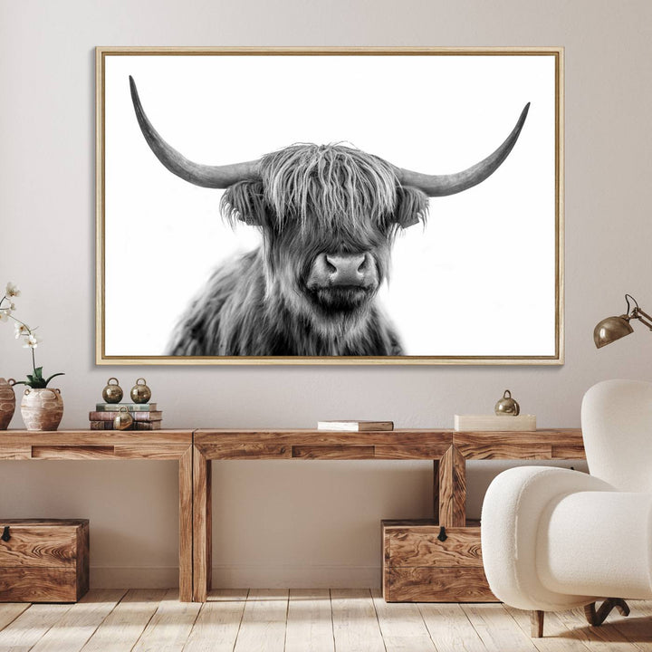 A Scottish Highland Cow Art Canvas adds charm to the farmhouse decor.