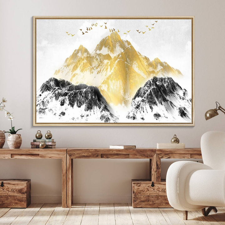 Golden Mountain Triptych Wall Art features gold-tinted mountains and birds.