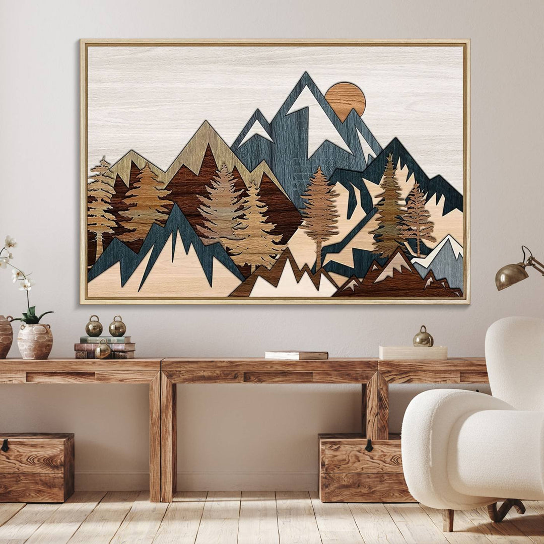 A Woodland Mountain Landscape Triptych serves as the centerpiece of the rustic decor.