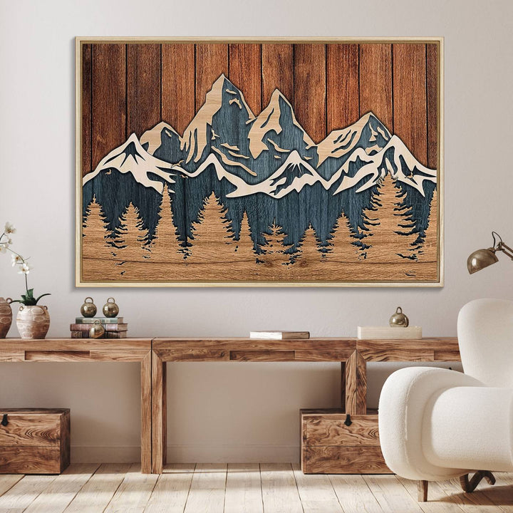 Rustic Wood Style Mountain Wall Art hangs on the wall.