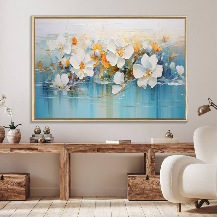 An Abstract Flower Wall Art Canvas Print in blue and orange hues.