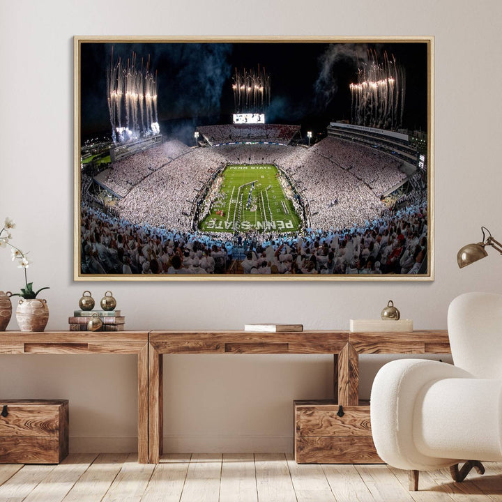 The perfect Penn State Football canvas wall art features a depiction of Beaver Stadium filled with fans in white, with fireworks exploding above.