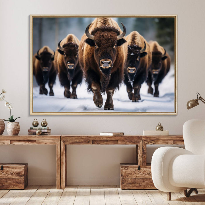 The dining room features an American Bison Herd Canvas Print against the snow.