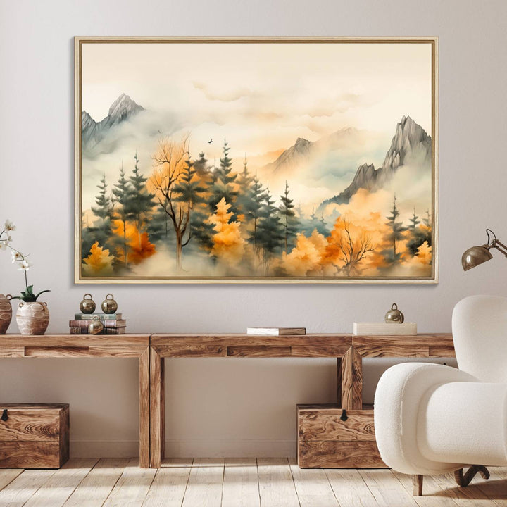 A wall art of Abstract Watercolor Mountains and Trees Autumn on museum-quality canvas.