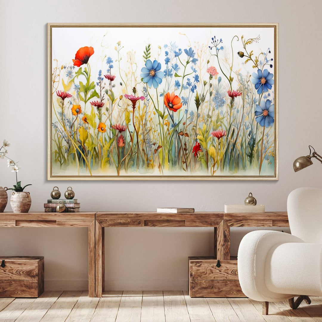 The vibrant Colorful Wildflower Canvas Wall Art adorns the wall.