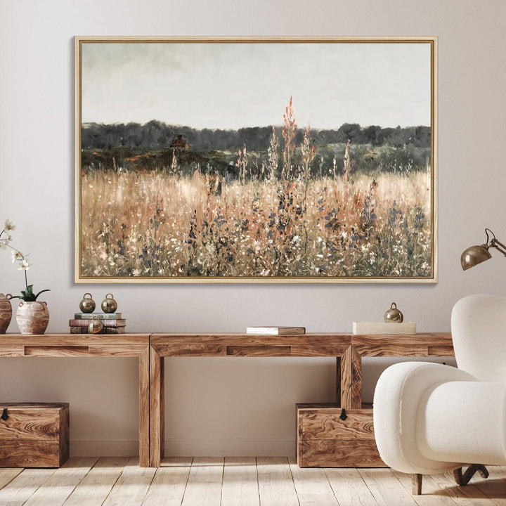 A dining room featuring the Abstract Wildflower Art Field Landscape Oil Painting Print.