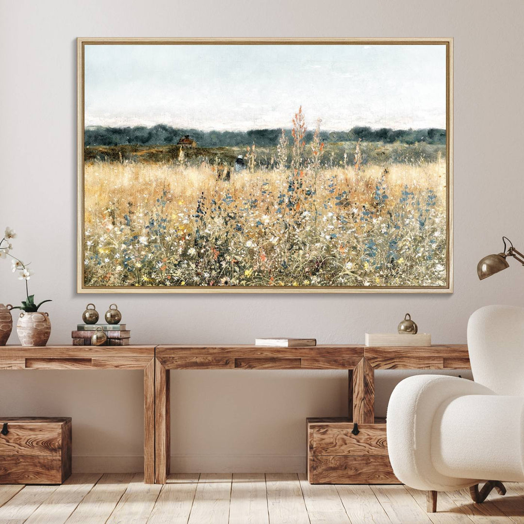 The Wildflower Field Wall Art adds a rustic touch to the space.