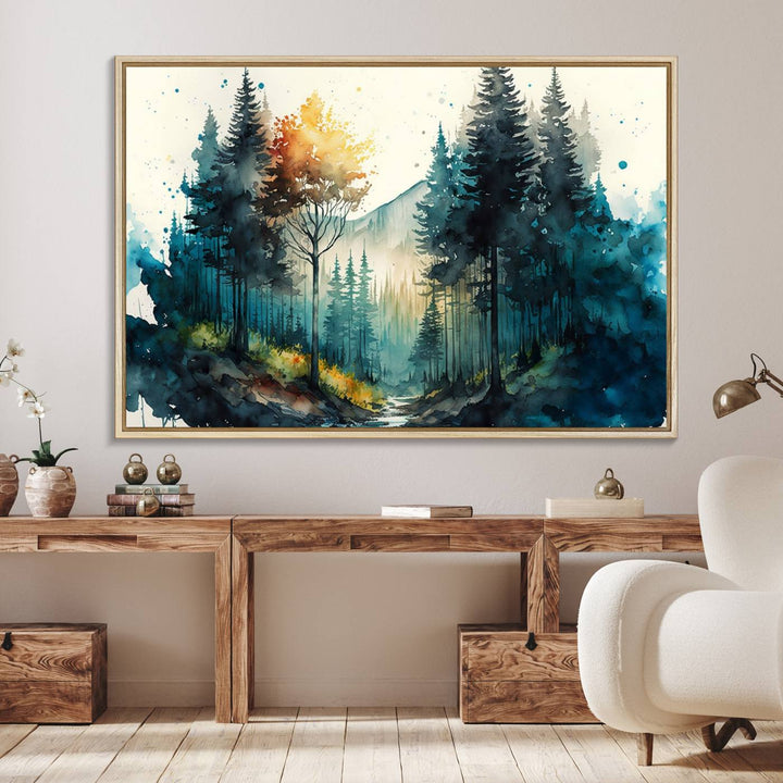 The Watercolor Trees Forest Abstract canvas print is displayed prominently.