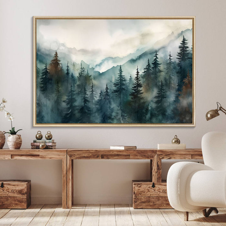 Serenity Forest Wall Art Canvas above the table adds a nature-inspired vibe to the space.