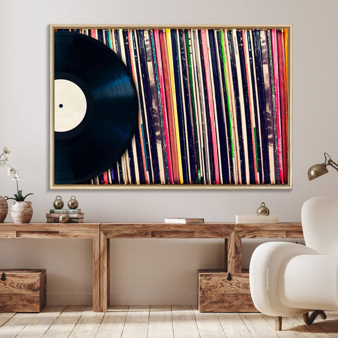 The Vinyl Record and Album Collection Canvas above the dining table enhances the modern kitchen, creating a perfect aesthetic for vintage vinyl lovers.