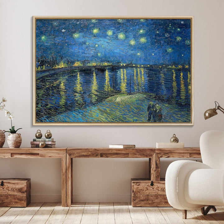 A Vincent van Gogh Starry Night over the Rhone canvas print is displayed on a porch.