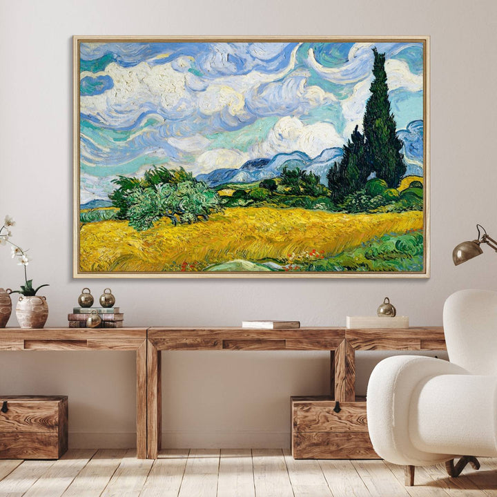 A kitchen featuring Wheatfield With Cypresses Van Gogh canvas wall art.