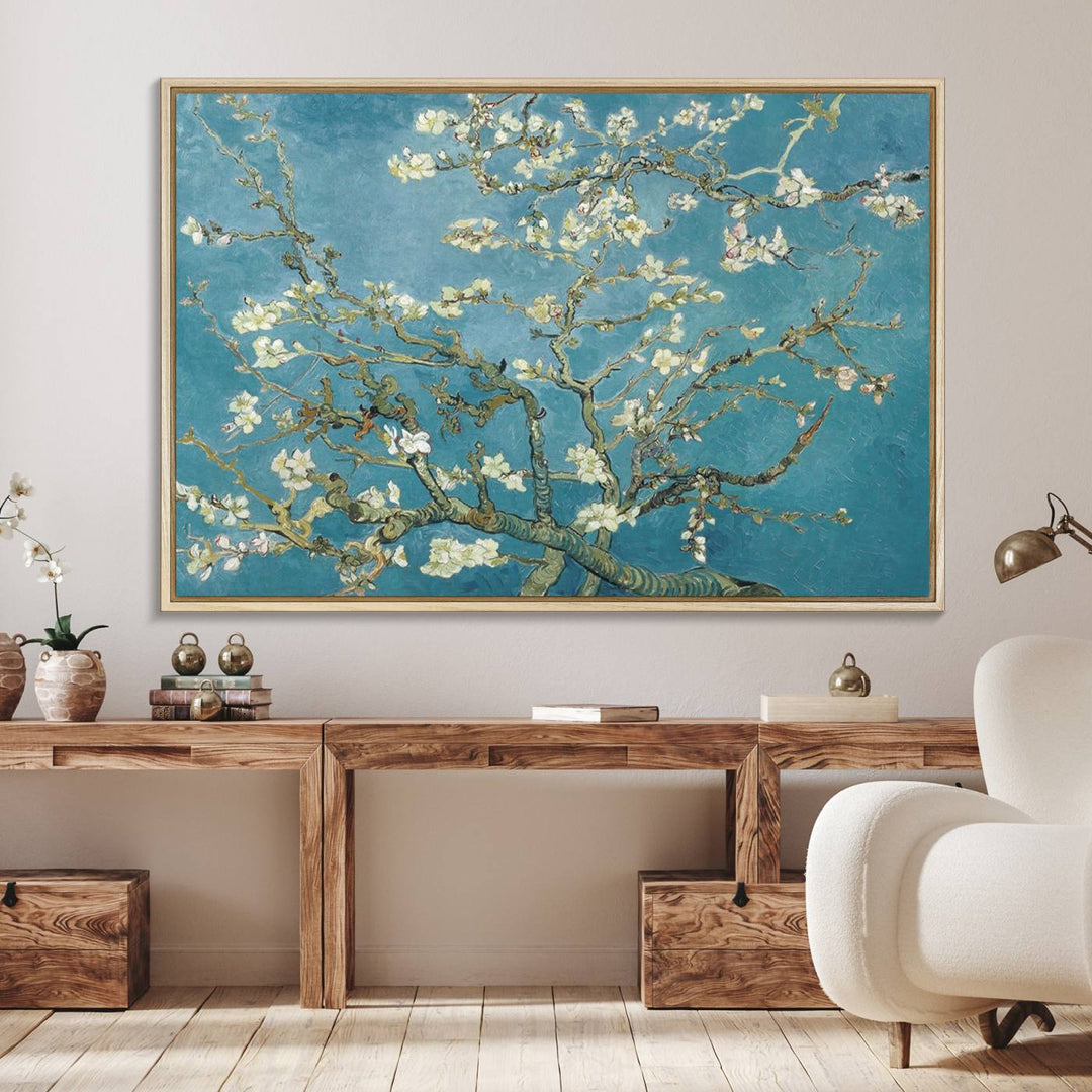 The wall art, Vincent Van Goghs Almond Blossom, stands out with its vibrant depiction against a serene blue background.