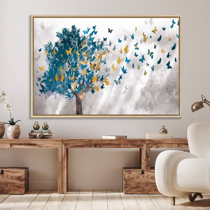 The modern dining room features Tree Butterfly Abstract Wall Art, adding a touch of nature-inspired decor.