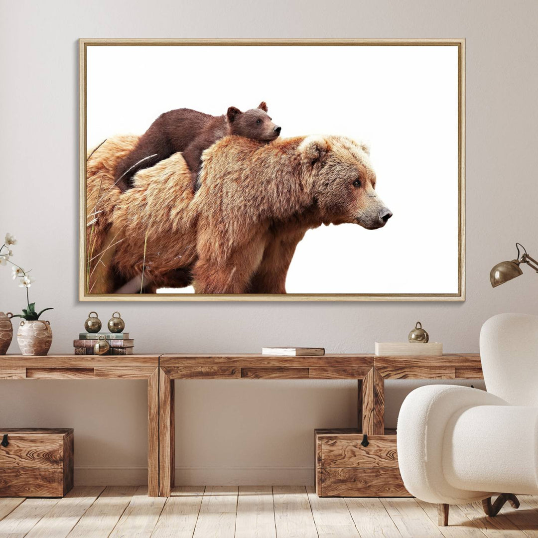 Mother and Baby Bear canvas: an adorable wildlife print displayed on a dark green wall.