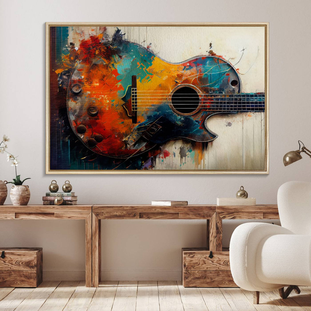 A vibrant guitar wall art canvas is mounted on the wall.