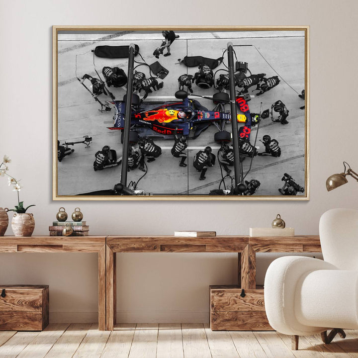 Red Bull Formula 1 Canvas Wall Art Print: An aerial view of a Formula 1 pit stop featuring a Red Bull car on premium canvas.