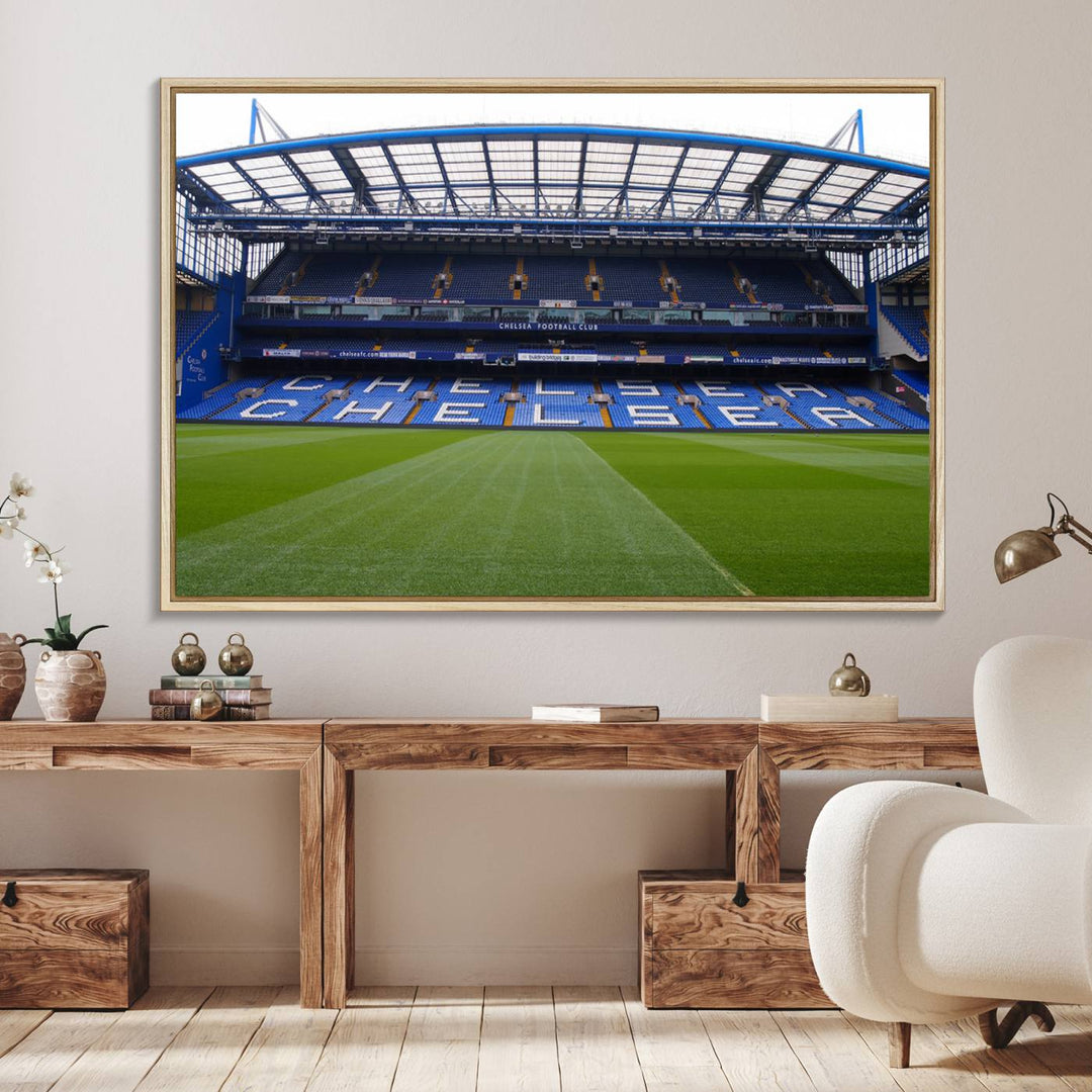 The wall art features a Chelsea FC Stamford Bridge Stadium canvas print.