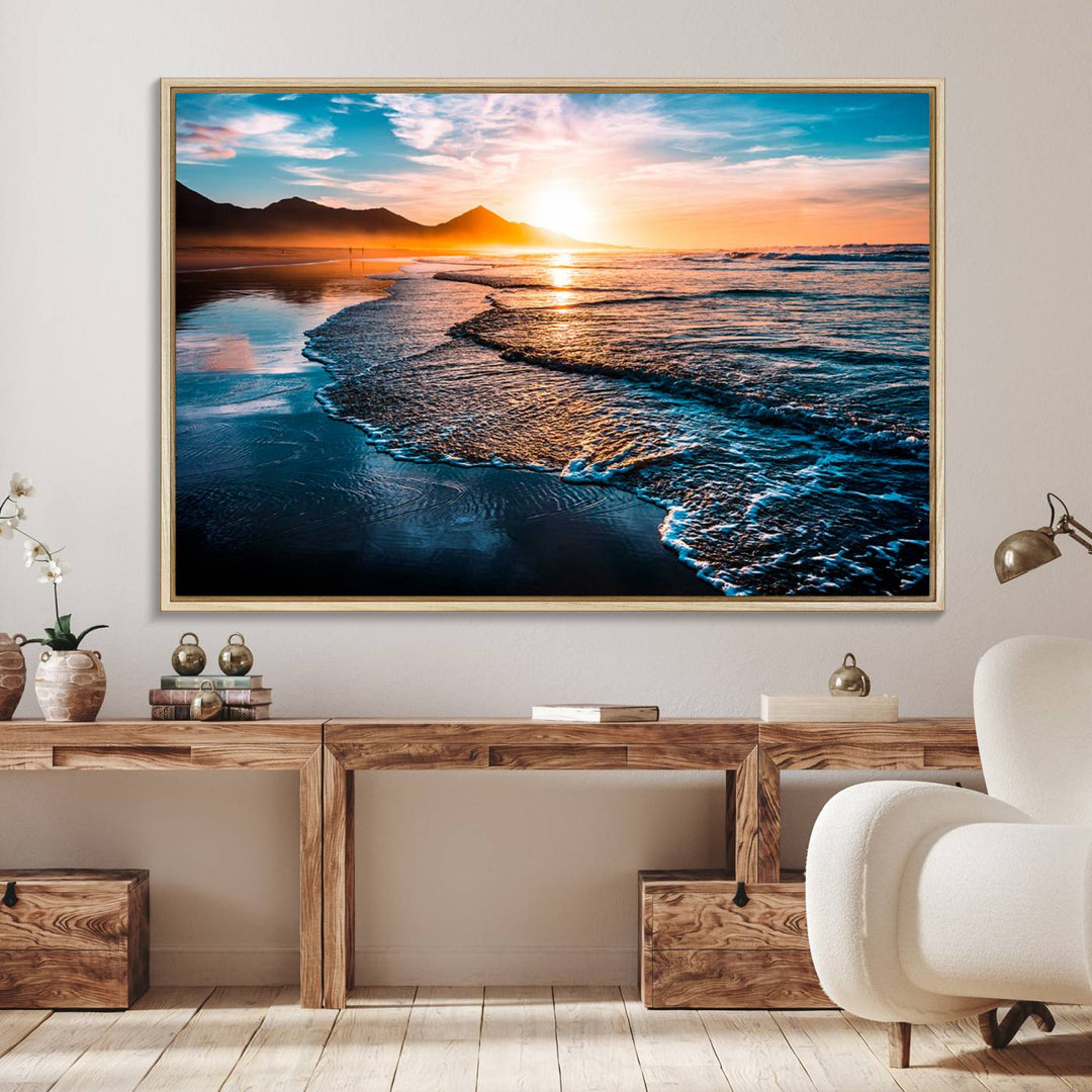 The Sunset Beach Ocean Canvas Wall Art – Tranquil Reflections at Dusk enhances the ambiance with its captivating depiction of serene ocean views at dusk.