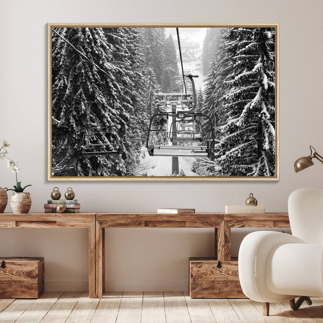 The Winter Ski Lift Canvas in minimalist style adds a unique touch to the dining room.