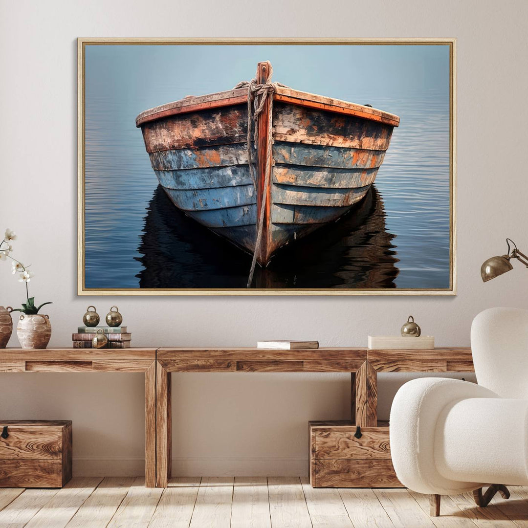 Stunning vintage boat canvas print featuring a calm water scene.