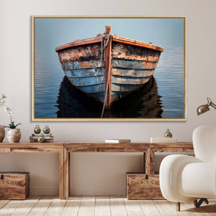 Stunning vintage boat canvas print featuring a calm water scene.