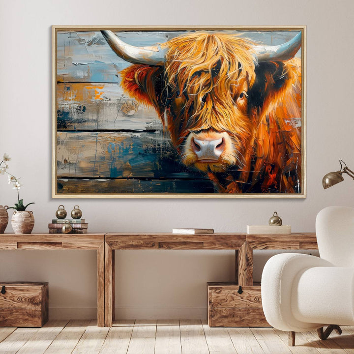 The dining room features Highland Cow Abstract Canvas Wall Art in a farmhouse rustic decor style.