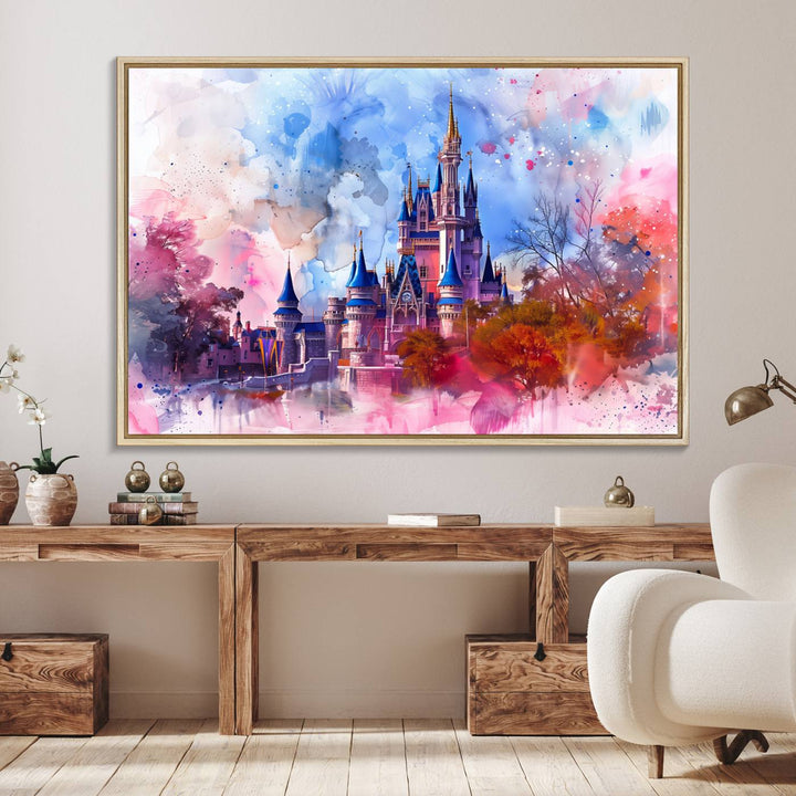 A Disney Wall Art: Dreamy Watercolor Cinderella Castle Canvas Print hangs prominently.