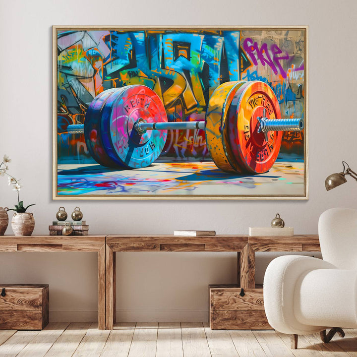 A Fitness Gym Barbell Graffiti Wall Art Canvas Print is displayed.