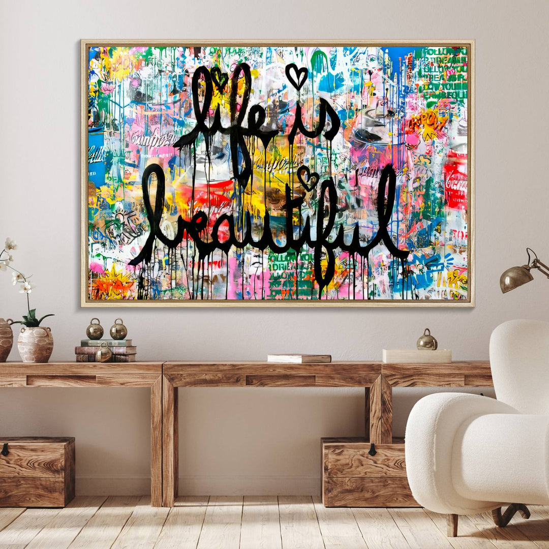 The Life Beautiful graffiti style canvas print is showcased in black script.