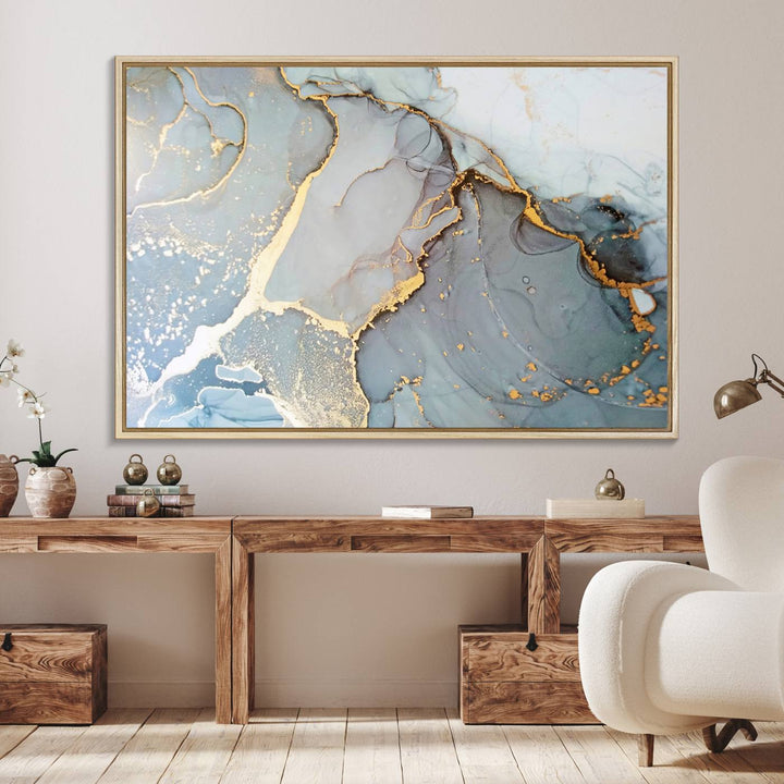 A blue and gold marbled Large Abstract Marble Wall Art Canvas Print hangs overhead.