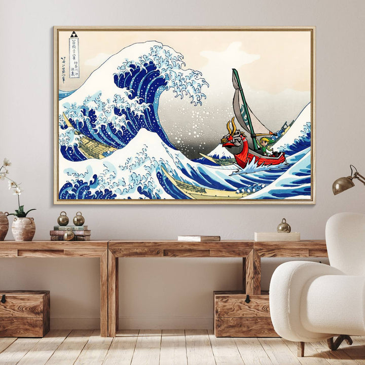 The Katsushika Hokusai Kanagawa Giant Wave Canvas print captures a vibrant sailing scene.