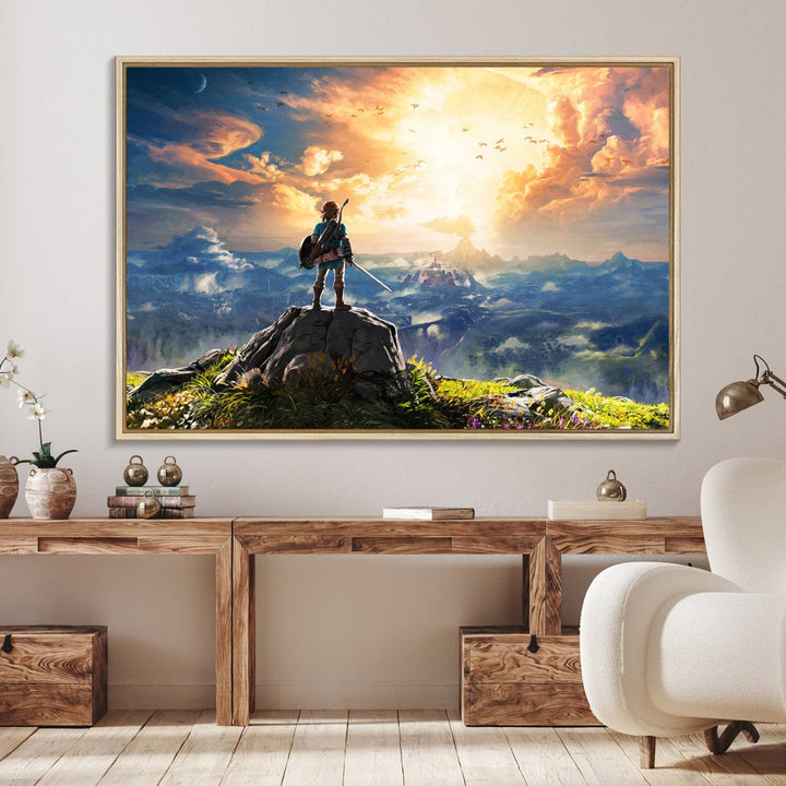 A vibrant Legend of Zelda Breath of the Wild canvas print depicts a figure standing on a rock with mountains and sky in the background.