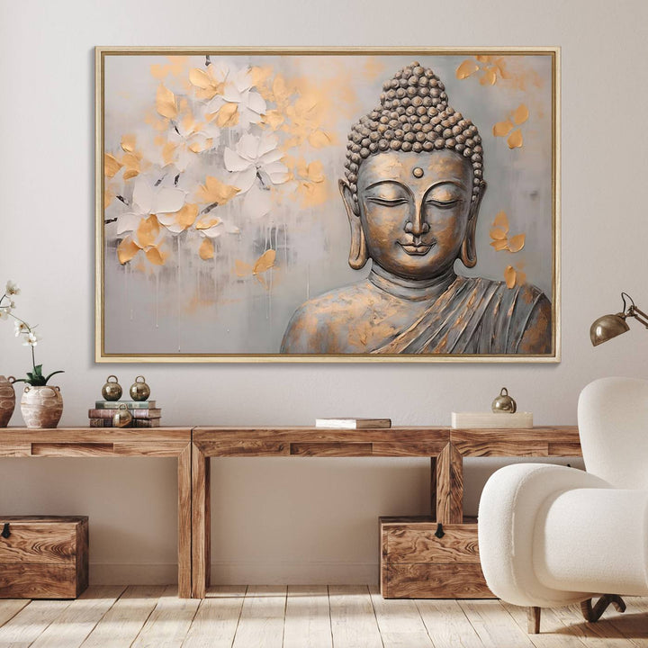 The serene dining room features Abstract Buddha Statue Wall Art.