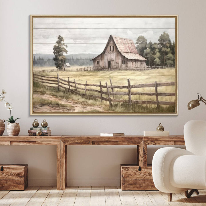 The wall is adorned with a Rustic Farmhouse Barn Wall Art.