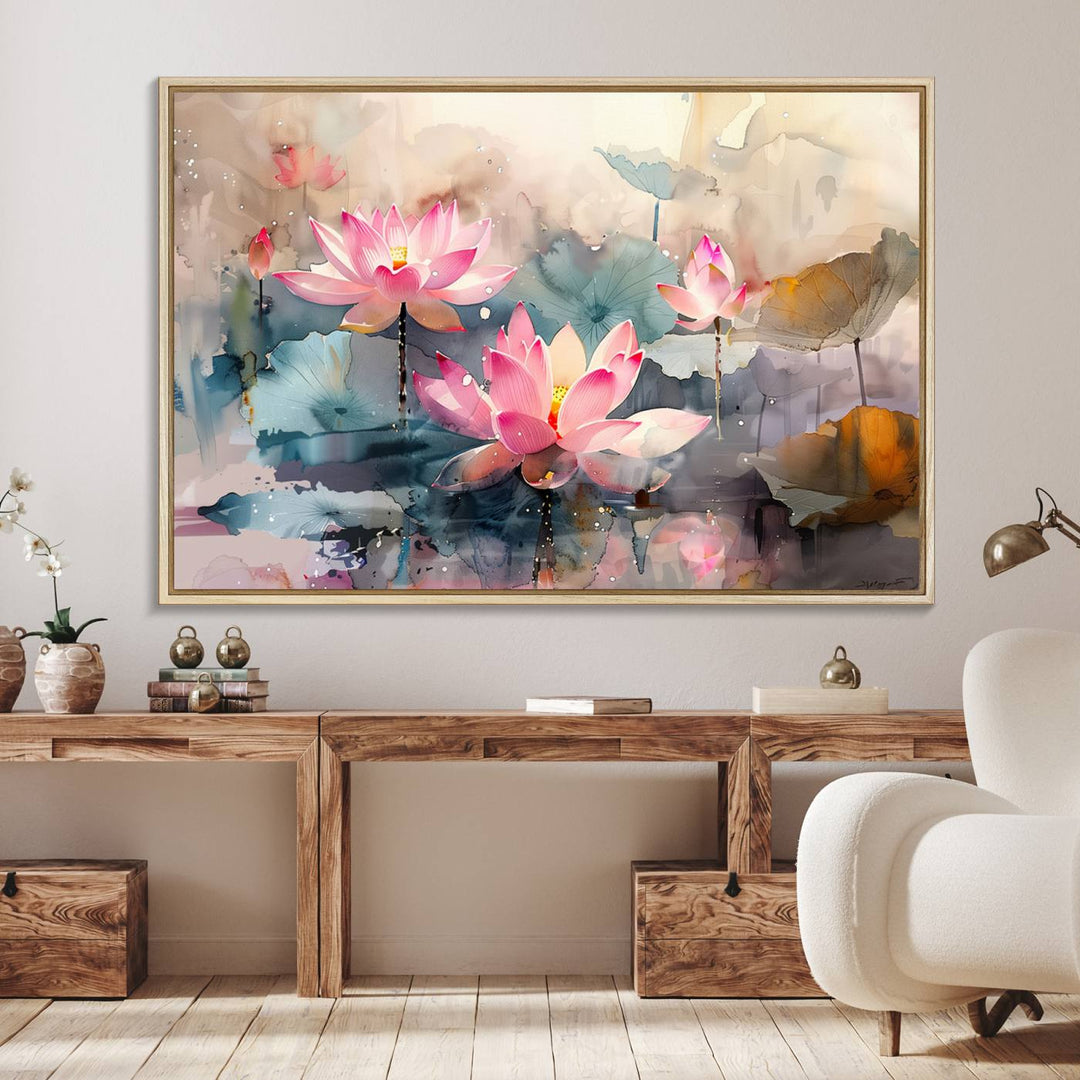 A pink lotus wall art adorns the space.